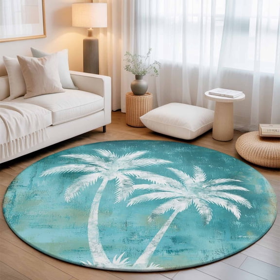 Round Rugs 3 Ft, Coastal Beach Tree Teal Non Slip Area Rugs for Kitchen Bedroom Entryway, Tropical Botanical Palm Tree Vintage Washable Carpet Runner Rug Floor Mats for Bedroom Home Decor