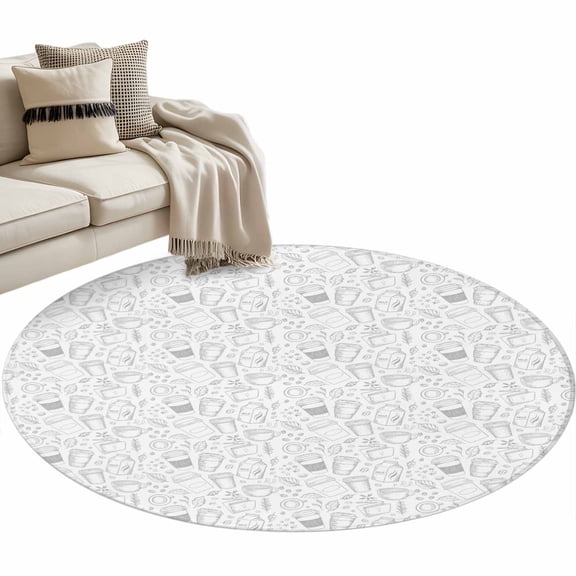 Round Rugs 3 Ft, Coffee Non Slip Area Rugs for Kitchen Bedroom Entryway, White Grey Modern Concise Cup Farmhouses Washable Carpet Runner Rug Floor Mats for Bedroom Home Decor