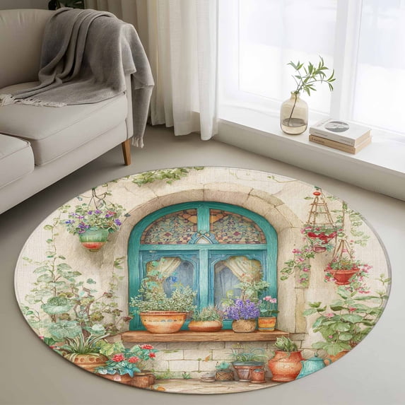 Round Rugs 3 Ft, Country Flowers Non Slip Area Rugs for Kitchen Bedroom Entryway, Farmhouse Floral Windows Pots Plants Washable Carpet Runner Rug Floor Mats for Bedroom Home Decor