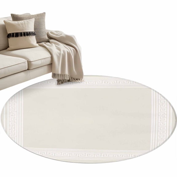 Round Rugs 3 Ft, Cream Greek Key Non Slip Area Rugs for Kitchen Bedroom Entryway, Geometric Greece Ancient Farmhouse Geo Washable Carpet Runner Rug Floor Mats for Bedroom Home Decor