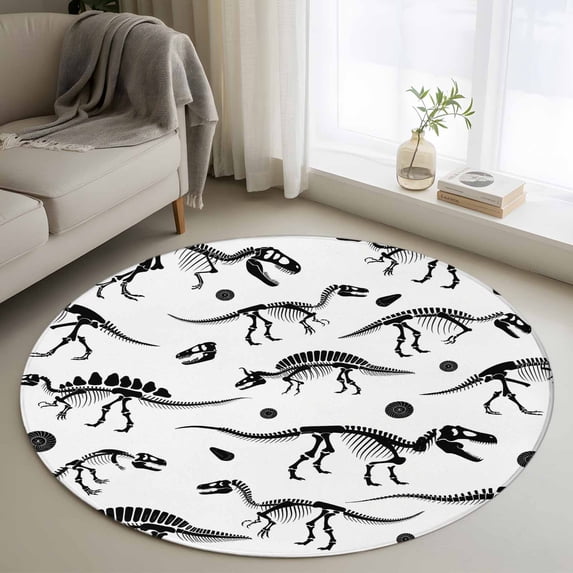 Round Rugs 3 Ft, Dinosaur Fossils Non Slip Area Rugs for Kitchen Bedroom Entryway, White Black Ancient Animals Washable Carpet Runner Rug Floor Mats for Bedroom Home Decor