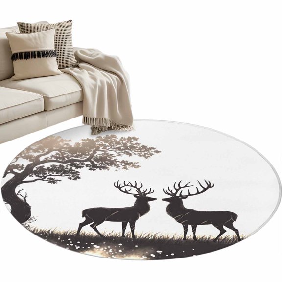 Round Rugs 3 Ft, Elk Silhouette Non Slip Area Rugs for Kitchen Bedroom Entryway, Retro Nature Forest Antlers Tree Branch Washable Carpet Runner Rug Floor Mats for Bedroom Home Decor