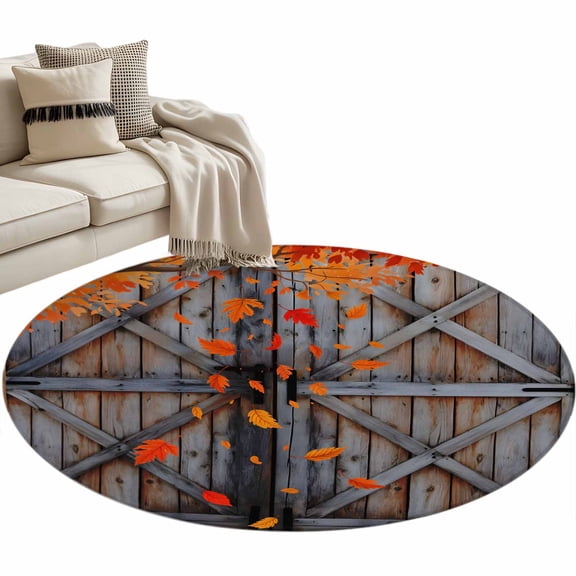 Round Rugs 3 Ft, Fall Leaves Non Slip Area Rugs for Kitchen Bedroom Entryway, Autumn Maple Rustic Wooden Barn Door Washable Carpet Runner Rug Floor Mats for Bedroom Home Decor