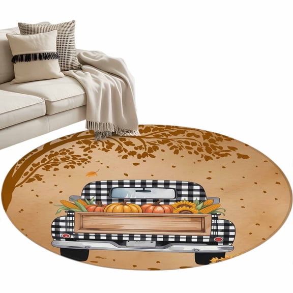 Round Rugs 3 Ft, Fall Truck Non Slip Area Rugs for Kitchen Bedroom Entryway, Thanksgiving Tree Maple Leaf Pumpkins Orange Washable Carpet Runner Rug Floor Mats for Bedroom Home Decor