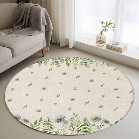 Round Rugs 3 Ft, Farmhouse Botancial Non Slip Area Rugs for Kitchen Bedroom Entryway, Pastoral Daisy Leaves Rustic Burlap Washable Carpet Runner Rug Floor Mats for Bedroom Home Decor