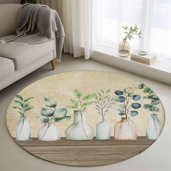 Round Rugs 3 Ft, Farmhouse Botanical Non Slip Area Rugs for Kitchen Bedroom Entryway, Bottles Plans Country Brown Wooden Grain Washable Carpet Runner Rug Floor Mats for Bedroom Home Decor