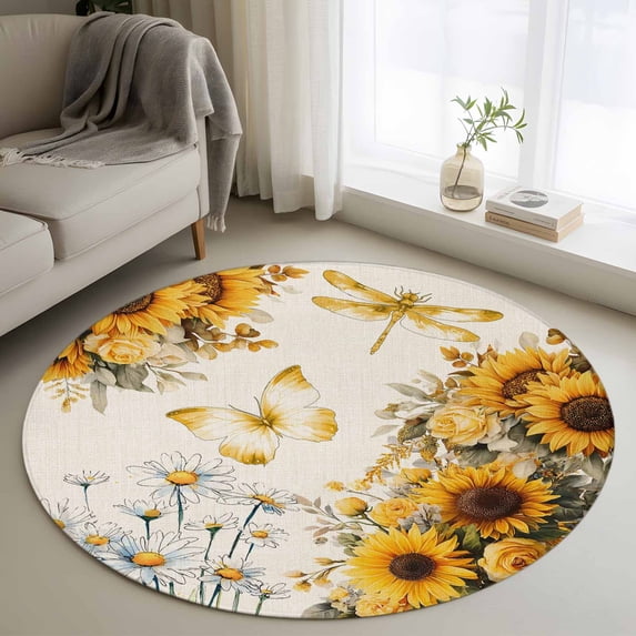 Round Rugs 3 Ft, Farmhouse Sunflower Non Slip Area Rugs for Kitchen Bedroom Entryway, Vintage Daisy Butterflies Rustic Burlap Washable Carpet Runner Rug Floor Mats for Bedroom Home Decor