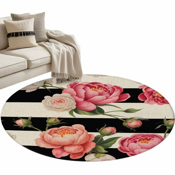 Round Rugs 3 Ft, Flower Stripes Non Slip Area Rugs for Kitchen Bedroom Entryway, Black White Geometric Pink Rose Floral Washable Carpet Runner Rug Floor Mats for Bedroom Home Decor