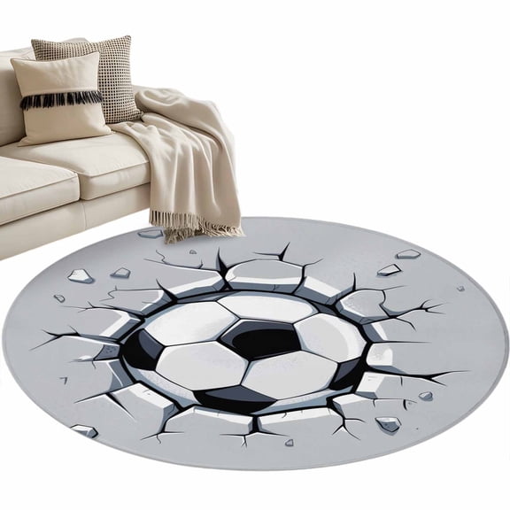 Round Rugs 3 Ft, Football Wall Crack Non Slip Area Rugs for Kitchen Bedroom Entryway, Modern Abstract Footballs in Wall Washable Carpet Runner Rug Floor Mats for Bedroom Home Decor
