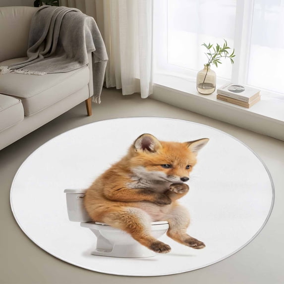 Round Rugs 3 Ft, Funny Foxes Non Slip Area Rugs for Kitchen Bedroom Entryway, Cute Art Fun Lovely Animals on Toilets Washable Carpet Runner Rug Floor Mats for Bedroom Home Decor