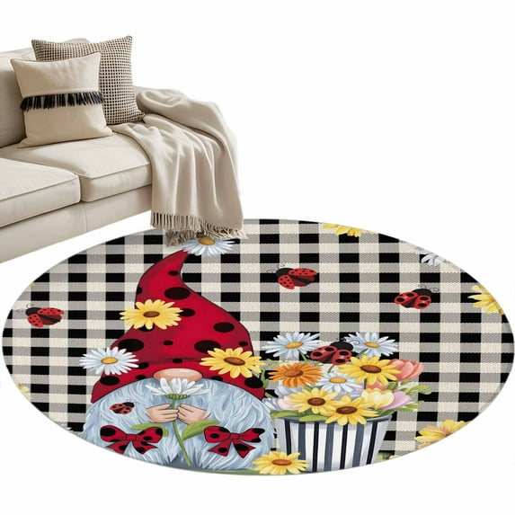 Round Rugs 3 Ft, Gnomes Daisy Non Slip Area Rugs for Kitchen Bedroom Entryway, Retro Farmhouse Floral Black Buffalo Plaid Washable Carpet Runner Rug Floor Mats for Bedroom Home Decor