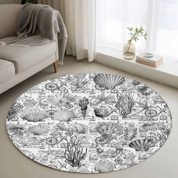 Round Rugs 3 Ft, Grey Shell Starfish Coastal Non Slip Area Rugs for Kitchen Bedroom Entryway, Nautical Ocean Summer Beach Washable Carpet Runner Rug Floor Mats for Bedroom Home Decor