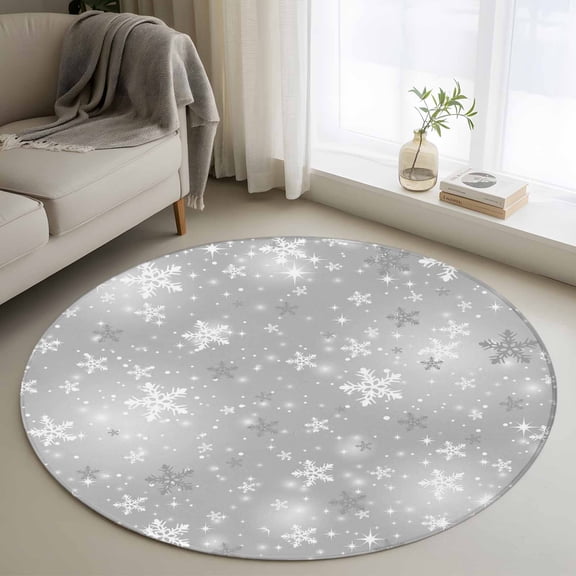 Round Rugs 3 Ft, Grey Snowflake Christmas Non Slip Area Rugs for Kitchen Bedroom Entryway, Winter Xmas Snowflake Gray Modern Art Washable Carpet Runner Rug Floor Mats for Bedroom Home Decor