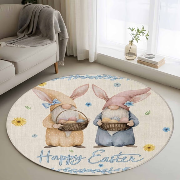 Round Rugs 3 Ft, Happy Easter Non Slip Area Rugs for Kitchen Bedroom Entryway, Spring Floral Gnomes Eggs Basket Leaf Beige Washable Carpet Runner Rug Floor Mats for Bedroom Home Decor
