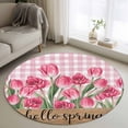 thumbnail image 1 of Round Rugs 3 Ft, Hello Spring Non Slip Area Rugs for Kitchen Bedroom Entryway, Pink Tulip Flowers Farmhouse Buffalo Plaid Wooden Washable Carpet Runner Rug Floor Mats for Bedroom Home Decor, 1 of 8