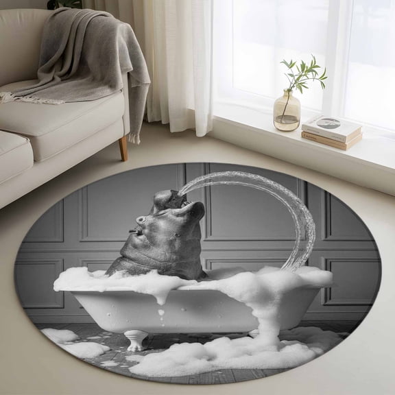 Round Rugs 3 Ft, Hippo Non Slip Area Rugs for Kitchen Bedroom Entryway, Funny Animal Bathtub Abstract Art Grey Washable Carpet Runner Rug Floor Mats for Bedroom Home Decor