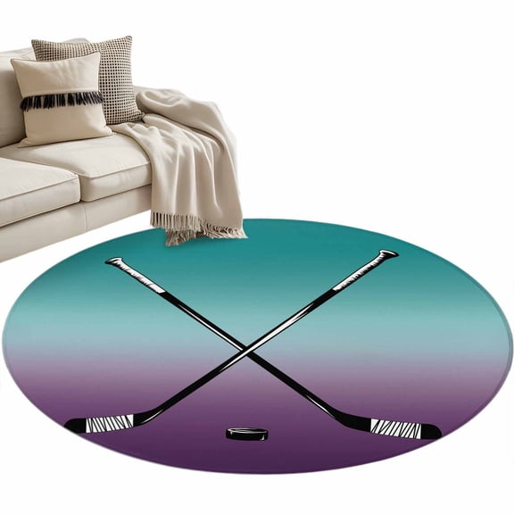 Round Rugs 3 Ft, Hockey Sports Non Slip Area Rugs for Kitchen Bedroom Entryway, Turquoise Aqua Purple Gradient Colored Washable Carpet Runner Rug Floor Mats for Bedroom Home Decor