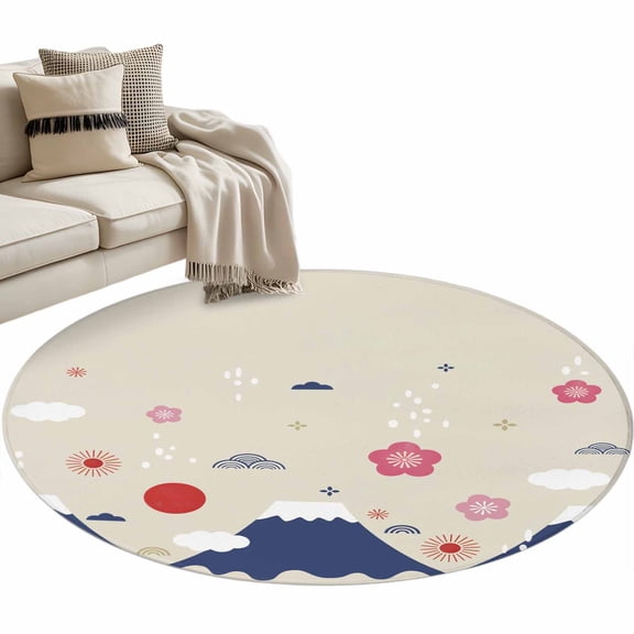 Round Rugs 3 Ft, Japanese Cherry Non Slip Area Rugs for Kitchen Bedroom Entryway, Blue Mountain Fuji Cartoon Sun Waves Cloud Washable Carpet Runner Rug Floor Mats for Bedroom Home Decor