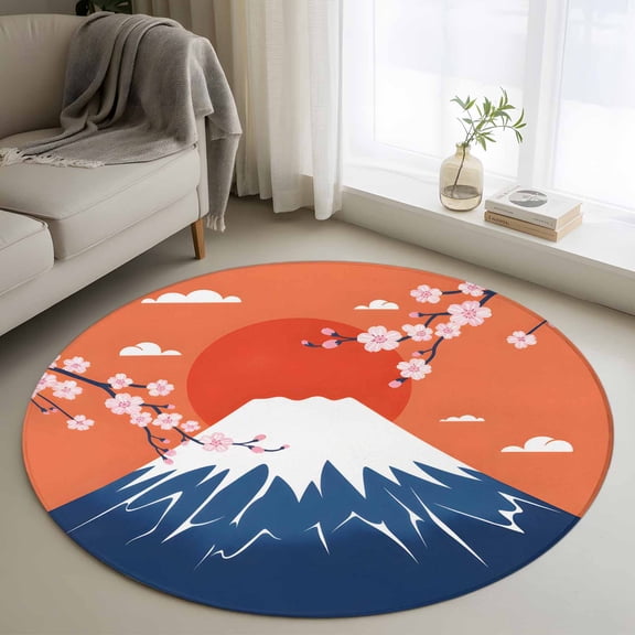 Round Rugs 3 Ft, Japanese Style Non Slip Area Rugs for Kitchen Bedroom Entryway, Blue Mountains Orange Red Sun Cherry Floral Washable Carpet Runner Rug Floor Mats for Bedroom Home Decor