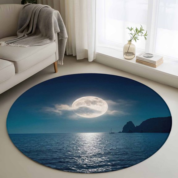 Round Rugs 3 Ft, Moonlight Sea Night Non Slip Area Rugs for Kitchen Bedroom Entryway, Abstract Modern Art Ocean Cloud Washable Carpet Runner Rug Floor Mats for Bedroom Home Decor