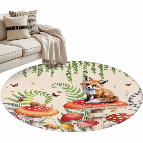 Round Rugs 3 Ft, Mushroom Fox Non Slip Area Rugs for Kitchen Bedroom Entryway, Green Leaf Butterfly Red Retro Plant Washable Carpet Runner Rug Floor Mats for Bedroom Home Decor