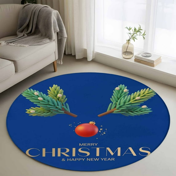 Round Rugs 3 Ft, Navy Blue Christmas Non Slip Area Rugs for Kitchen Bedroom Entryway, Xmas Tree Ball Winter Modern Art Washable Carpet Runner Rug Floor Mats for Bedroom Home Decor