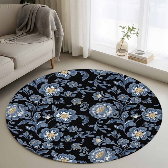 Round Rugs 3 Ft, Navy Blue Flowers Non Slip Area Rugs for Kitchen Bedroom Entryway, Spring Floral Elegant Pastoral Washable Carpet Runner Rug Floor Mats for Bedroom Home Decor