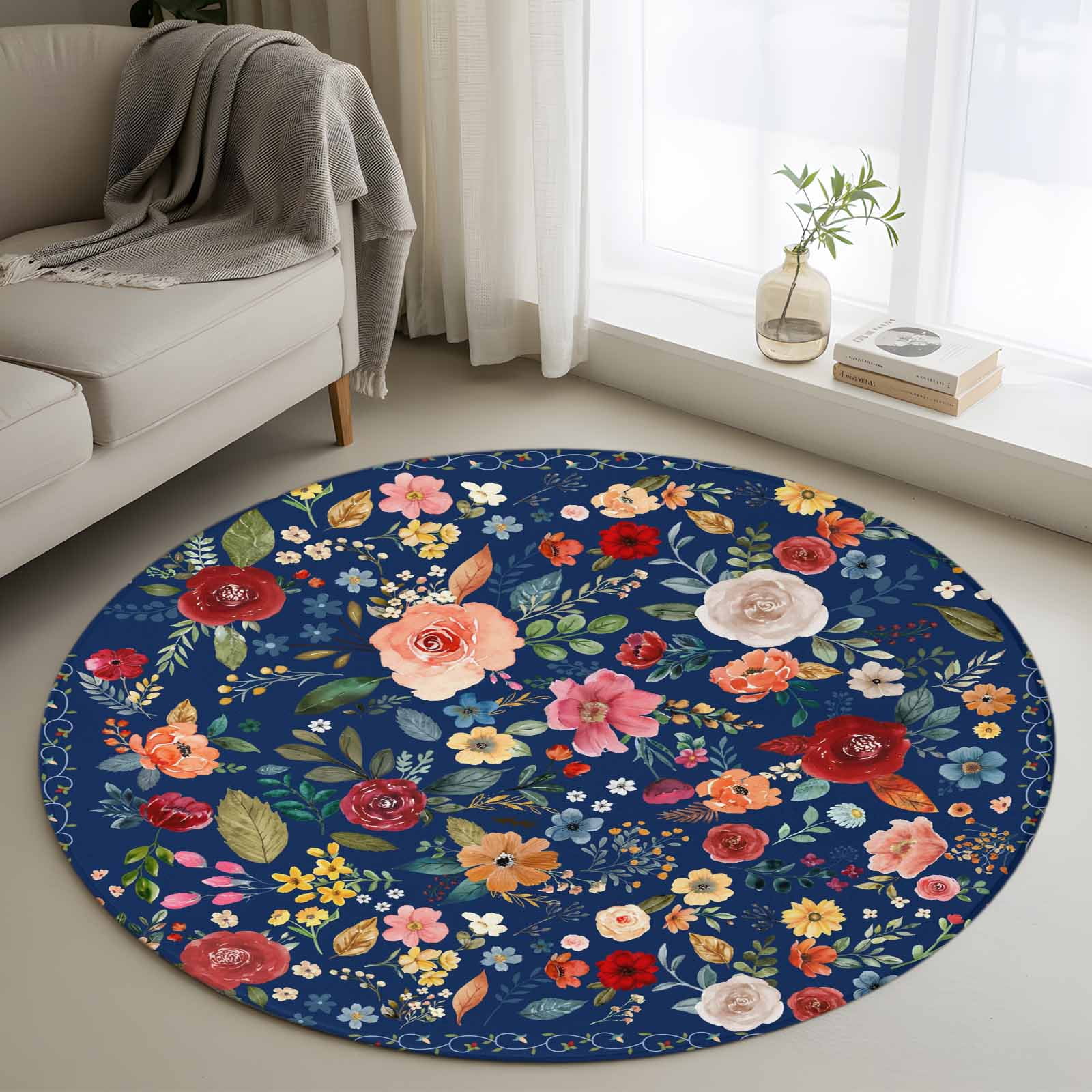 Round Rugs 3 Ft, Navy Blue Flowers Non Slip Area Rugs for Kitchen Bedroom Entryway, Spring Vintage Floral Leaves Farmhouse Washable Carpet Runner Rug Floor Mats for Bedroom Home Decor