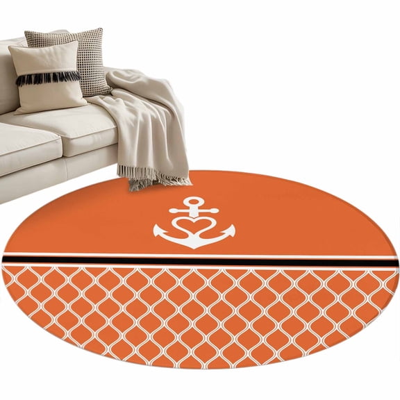 Round Rugs 3 Ft, Orange Morocco Non Slip Area Rugs for Kitchen Bedroom Entryway, Nautical Anchor Stripe Modern Geometric Washable Carpet Runner Rug Floor Mats for Bedroom Home Decor