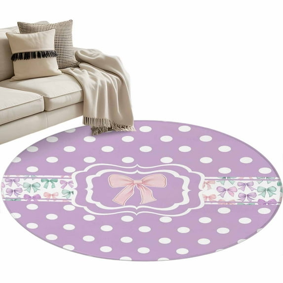 Round Rugs 3 Ft, Pink Bow Non Slip Area Rugs for Kitchen Bedroom Entryway, Modern Cartoon Cute Funny Dots Striped Washable Carpet Runner Rug Floor Mats for Bedroom Home Decor