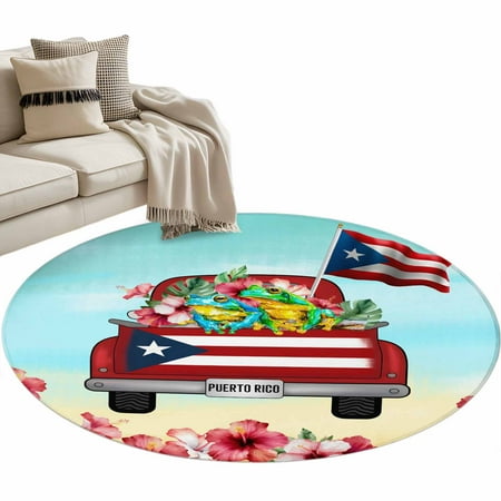 Round Rugs 3 Ft, Puerto Rican Flag Non Slip Area Rugs for Kitchen Bedroom Entryway, Vintage Country Truck Flowers Blue Beige Washable Carpet Runner Rug Floor Mats for Bedroom Home Decor
