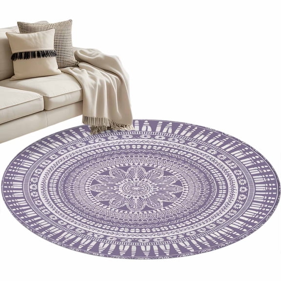Round Rugs 3 Ft, Purple Boho Non Slip Area Rugs for Kitchen Bedroom Entryway, Mantoro Flower Modern Abstract Bohemian Floral Washable Carpet Runner Rug Floor Mats for Bedroom Home Decor