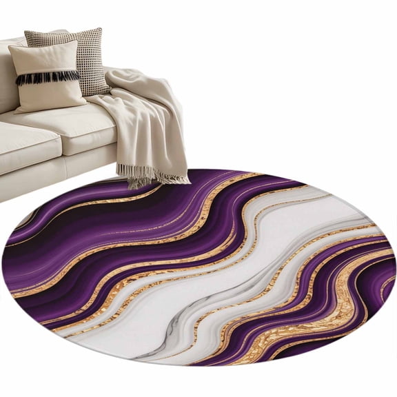 Round Rugs 3 Ft, Purple Modern Non Slip Area Rugs for Kitchen Bedroom Entryway, Classic Abstract Art Luxury Golden Washable Carpet Runner Rug Floor Mats for Bedroom Home Decor