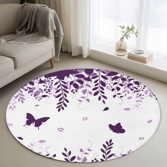 Round Rugs 3 Ft, Purple Spring Botanical Non Slip Area Rugs for Kitchen Bedroom Entryway, Weeping Eucalyptus Butterfly Washable Carpet Runner Rug Floor Mats for Bedroom Home Decor