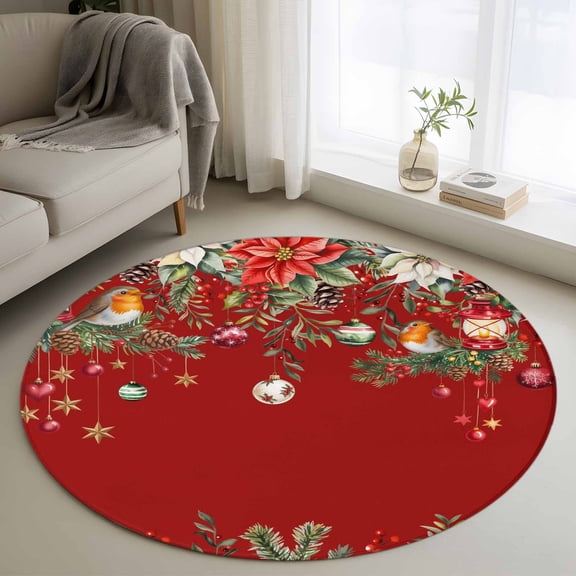 Round Rugs 3 Ft, Red Christmas Non Slip Area Rugs for Kitchen Bedroom Entryway, Xams Tree Winter Poinsettia Pine Cones Washable Carpet Runner Rug Floor Mats for Bedroom Home Decor