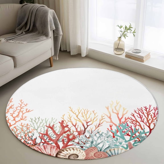 Round Rugs 3 Ft, Red Coral Coastal Non Slip Area Rugs for Kitchen Bedroom Entryway, Summer Beach Shells Starfish Ocean Washable Carpet Runner Rug Floor Mats for Bedroom Home Decor