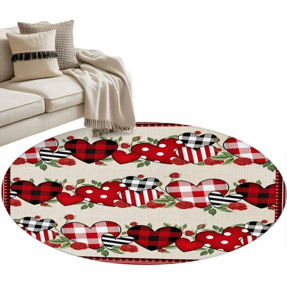 Round Rugs 3 Ft, Red Valentine's Day Non Slip Area Rugs for Kitchen Bedroom Entryway, Love Heart Roses Leaves Rustic Washable Carpet Runner Rug Floor Mats for Bedroom Home Decor