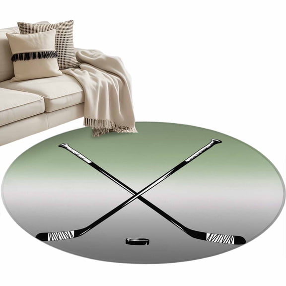 Round Rugs 3 Ft, Sage Green Gray Ombre Non Slip Area Rugs for Kitchen Bedroom Entryway, Black Hockey Sticks Minimalist Style Washable Carpet Runner Rug Floor Mats for Bedroom Home Decor