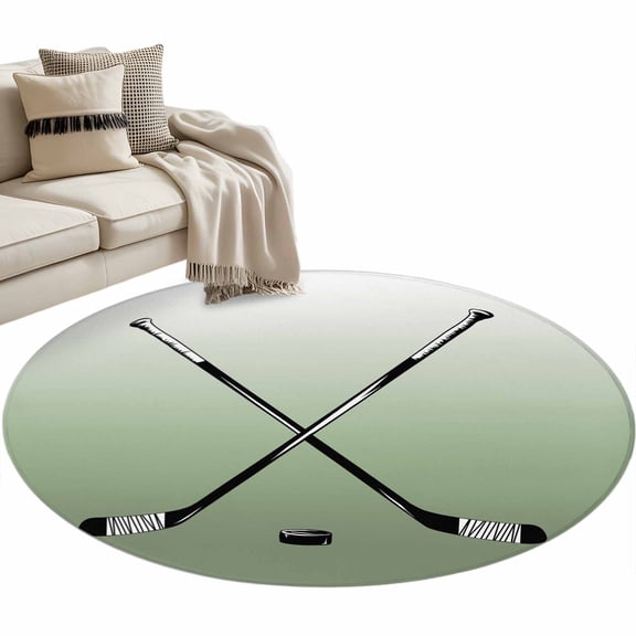 Round Rugs 3 Ft, Sage Green Ombre Non Slip Area Rugs for Kitchen Bedroom Entryway, Black Hockey Sticks Minimalist Style Washable Carpet Runner Rug Floor Mats for Bedroom Home Decor