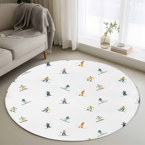 Round Rugs 3 Ft, Skiing Non Slip Area Rugs for Kitchen Bedroom Entryway, Winter Snow Ski Sports Cartoon Boys Girls Skier Washable Carpet Runner Rug Floor Mats for Bedroom Home Decor