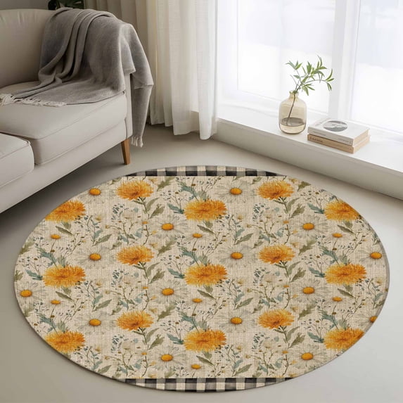 Round Rugs 3 Ft, Spring Daisy Non Slip Area Rugs for Kitchen Bedroom Entryway, Country Vintage Yellow White Floral Leaf Plaid Washable Carpet Runner Rug Floor Mats for Bedroom Home Decor