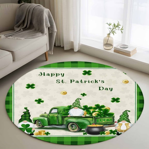 Round Rugs 3 Ft, St. Patrick's Day Non Slip Area Rugs for Kitchen Bedroom Entryway, Gnomes Truck Shamrocks Gold Coin Plaid Washable Carpet Runner Rug Floor Mats for Bedroom Home Decor