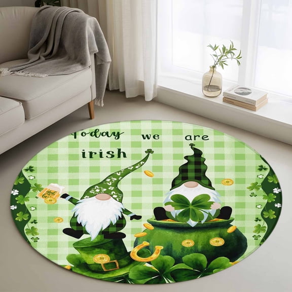 Round Rugs 3 Ft, St. Patrick's Day Non Slip Area Rugs for Kitchen Bedroom Entryway, Green Gnomes Shamrock Gold Coin Washable Carpet Runner Rug Floor Mats for Bedroom Home Decor