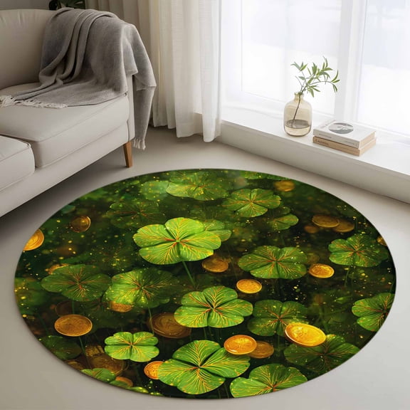 Round Rugs 3 Ft, St. Patrick's Day Non Slip Area Rugs for Kitchen Bedroom Entryway, Spring Green Lucky Clovers Gold Coin Washable Carpet Runner Rug Floor Mats for Bedroom Home Decor