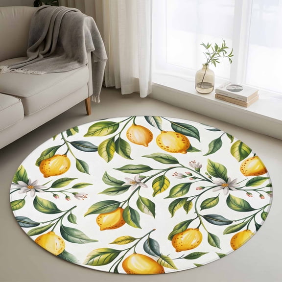 Round Rugs 3 Ft, Summer Yellow Lemons Non Slip Area Rugs for Kitchen Bedroom Entryway, Green Leaves Flowers Country Plants Washable Carpet Runner Rug Floor Mats for Bedroom Home Decor
