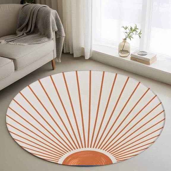 Round Rugs 3 Ft, Sunlight Lines Non Slip Area Rugs for Kitchen Bedroom Entryway, Orange Sunset Abstract Striped Art Washable Carpet Runner Rug Floor Mats for Bedroom Home Decor