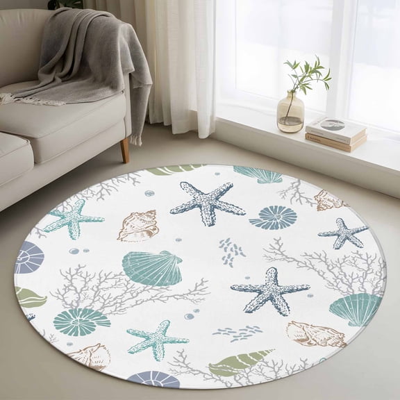 Round Rugs 3 Ft, Teal Blue Coastal Non Slip Area Rugs for Kitchen Bedroom Entryway, Summer Beach Starfish Shell Coral Nautical Washable Carpet Runner Rug Floor Mats for Bedroom Home Decor