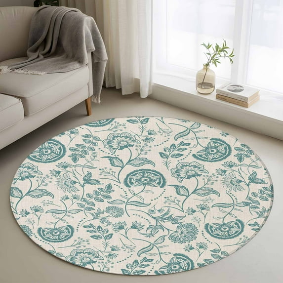 Round Rugs 3 Ft, Teal Green Spring Floral Non Slip Area Rugs for Kitchen Bedroom Entryway, Retro Farmhouse Summer Botanical Washable Carpet Runner Rug Floor Mats for Bedroom Home Decor