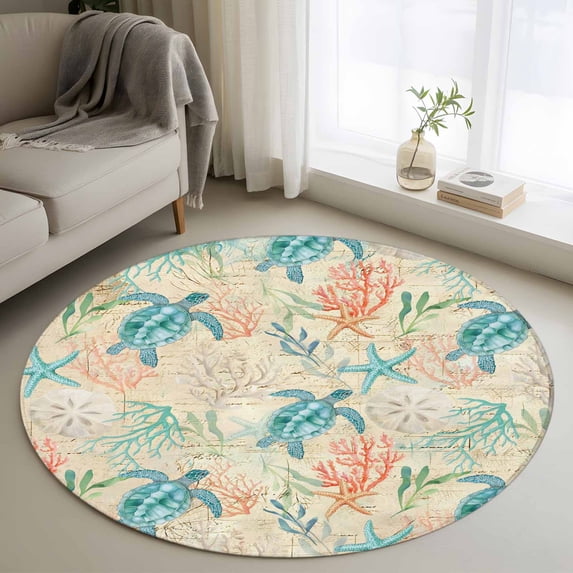 Round Rugs 3 Ft, Teal Red Coastal Non Slip Area Rugs for Kitchen Bedroom Entryway, Summer Beach Nautical Sea Turtle Coral Starfish Washable Carpet Runner Rug Floor Mats for Bedroom Home Decor