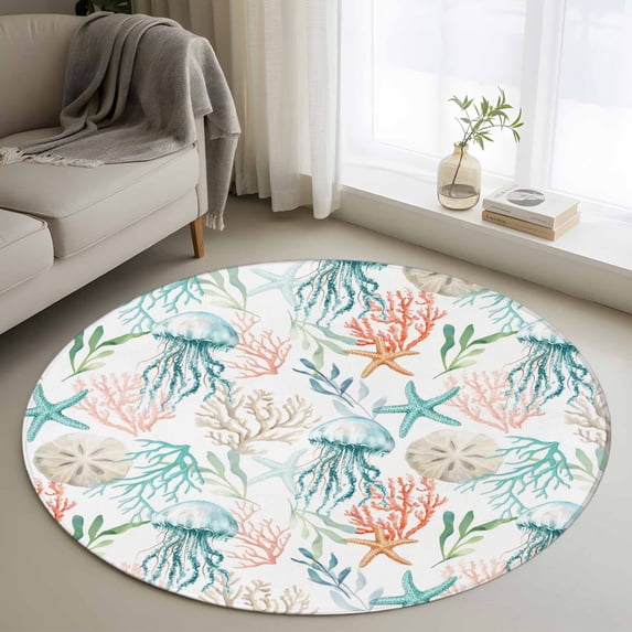 Round Rugs 3 Ft, Teal Red Jellyfish Coastal Non Slip Area Rugs for Kitchen Bedroom Entryway, Summer Beach Coral Starfish Nautical Washable Carpet Runner Rug Floor Mats for Bedroom Home Decor